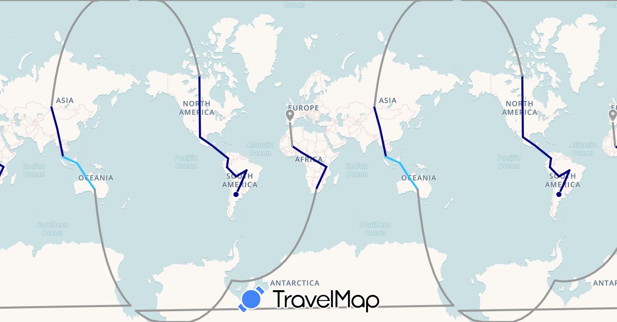 TravelMap itinerary: driving, plane, boat in Argentina, Australia, Bolivia, Brazil, Canada, Colombia, Spain, Indonesia, Mali, Mexico, Malaysia, Nigeria, Peru, Tanzania, South Africa (Africa, Asia, Europe, North America, Oceania, South America)